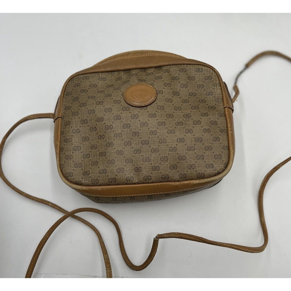 GUCCI Vintage Micro GG Tan Brown Canvas Shoulder Bag‎ PVC Leather Crossbody